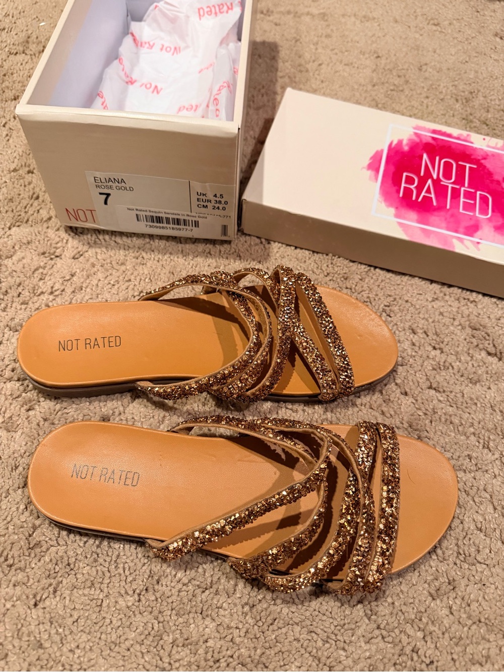 Not Rated Eliana Slide Sandals in Rose Gold Glitter